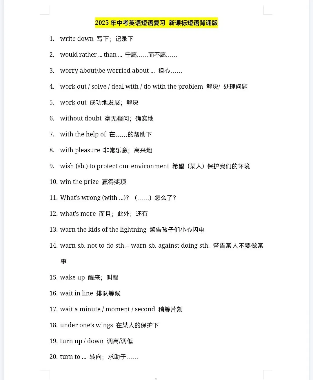 中考英语短语复习之新课标词汇对应重点短语搭配 第1张