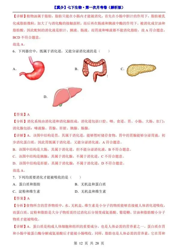 26春七年级下册冀少版生物第一次月考试卷(含答案+答题卡)完整电子版可打印 第14张