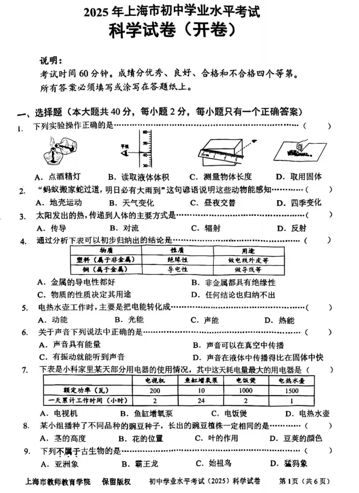 上海六年级科学会考核心考点+历年真题+模拟卷完整版 第3张