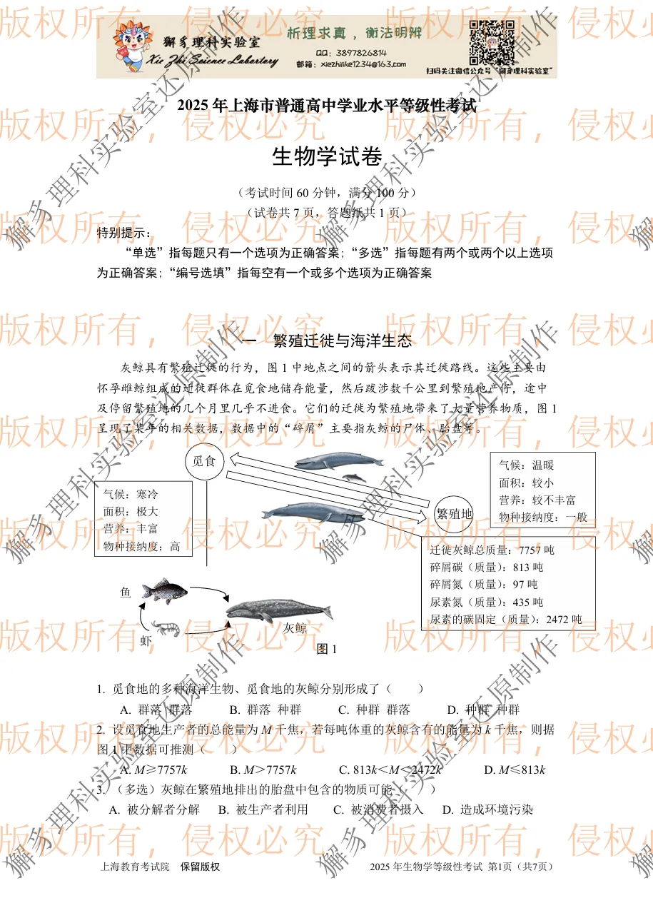 【真题】2025年上海市等级考生物学试卷 第2张