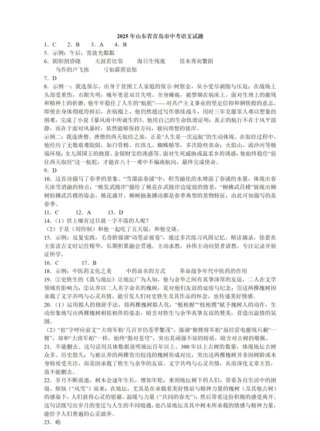 2025青岛语文中考真题带答案 第1张