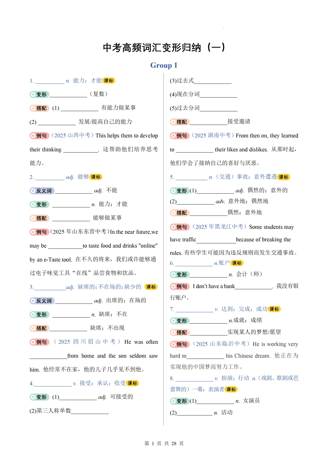 2026中考英语高频词汇变形归纳(一)(默写版) 第3张