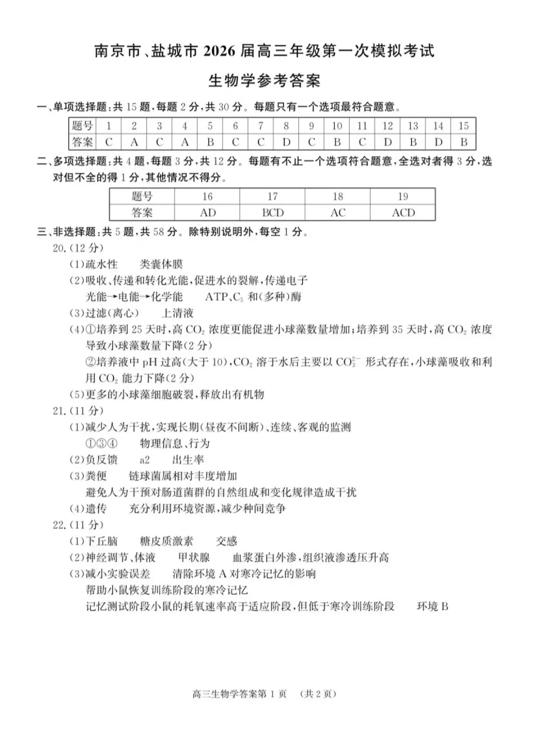 2026年南京盐城一模生物学试卷和参考答案 第11张