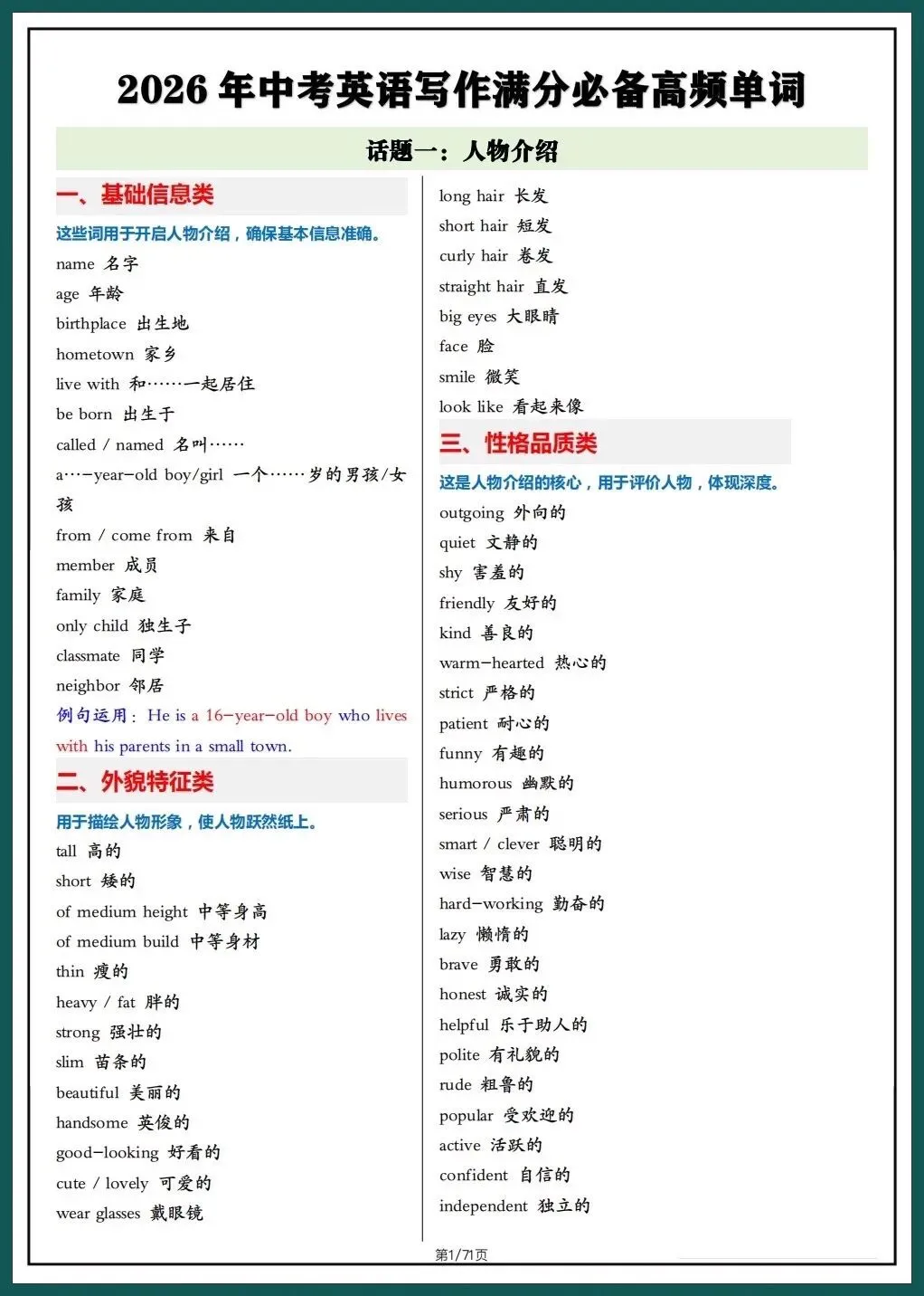 中考英语|2026春中考英语写作满分必备高频单词,考前必刷(背诵+默写版) 71页可下载打印! 第2张