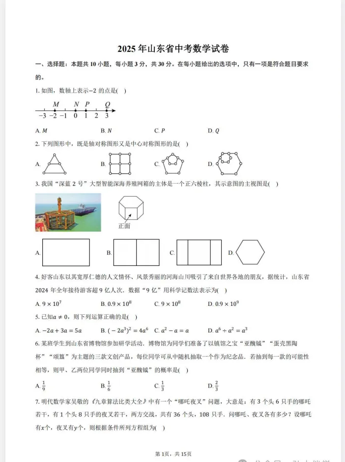 【山东中考试题】2025年山东省中考真题(全市)考试题答案(全科目)中考解析!中考答案 第7张