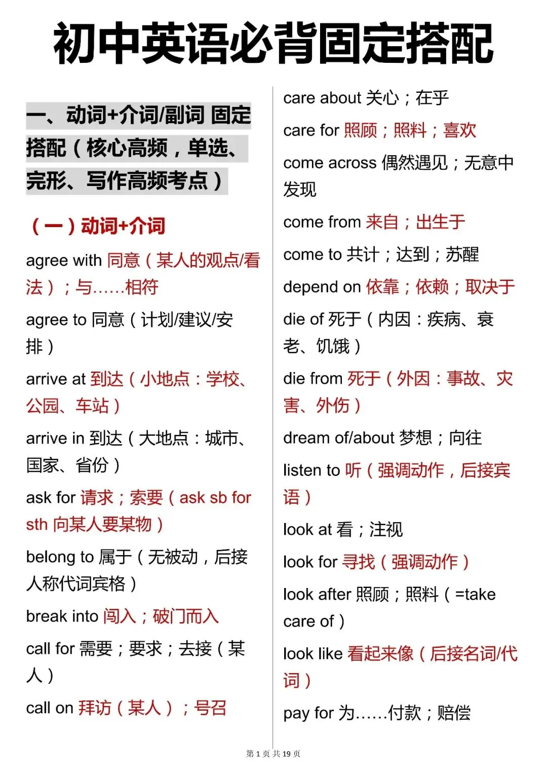 中考英语必背【初中英语必背固定搭配大全】,可打印 快收藏 第1张 中考英语必背【初中英语必背固定搭配大全】,可打印 快收藏 第1张