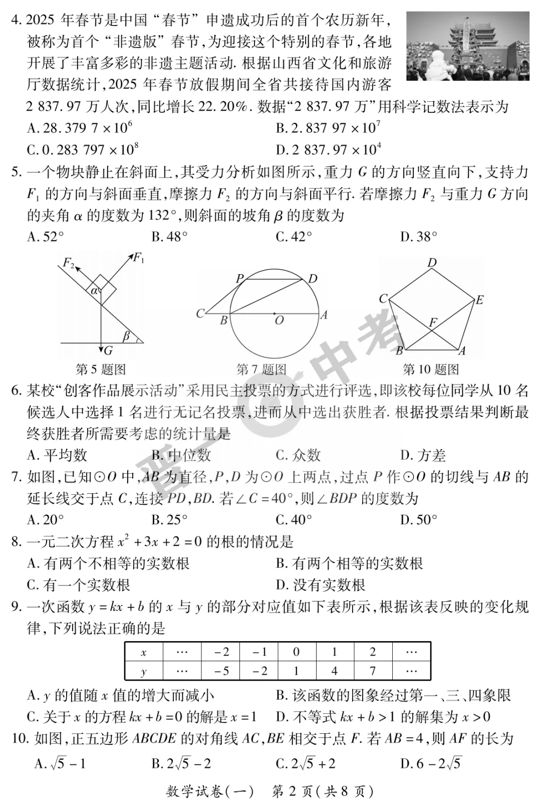 【晋一原创】山西省2025年初中学业水平考试-模拟测评(一)—数学 第3张
