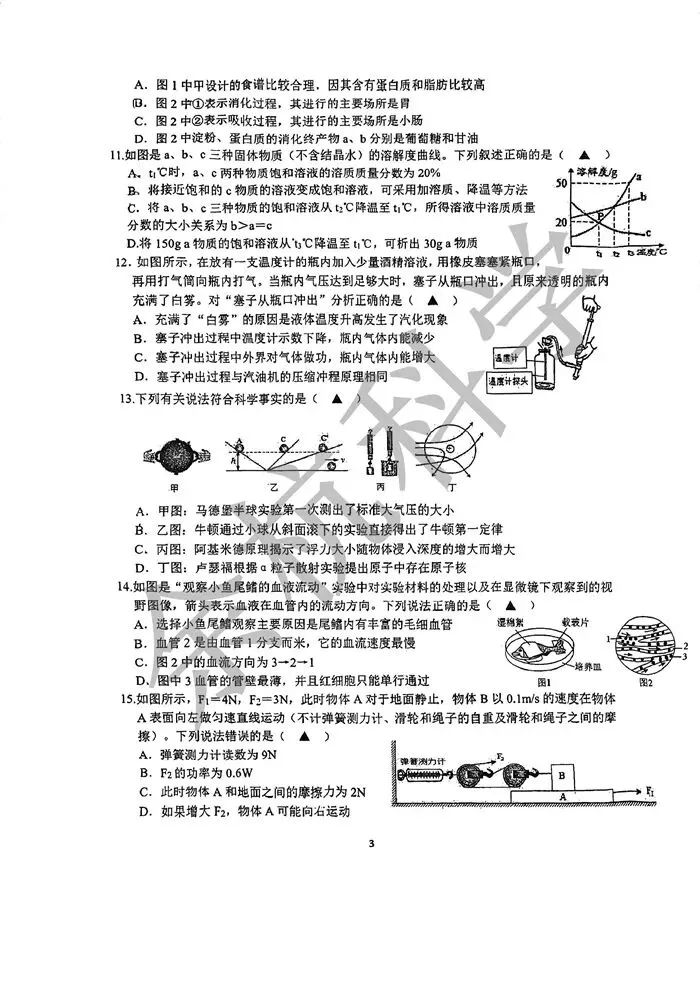 【中考模拟】浙江省金华市南苑中学2025学年第二学期九年级科学独立作业(一)检测卷 第8张