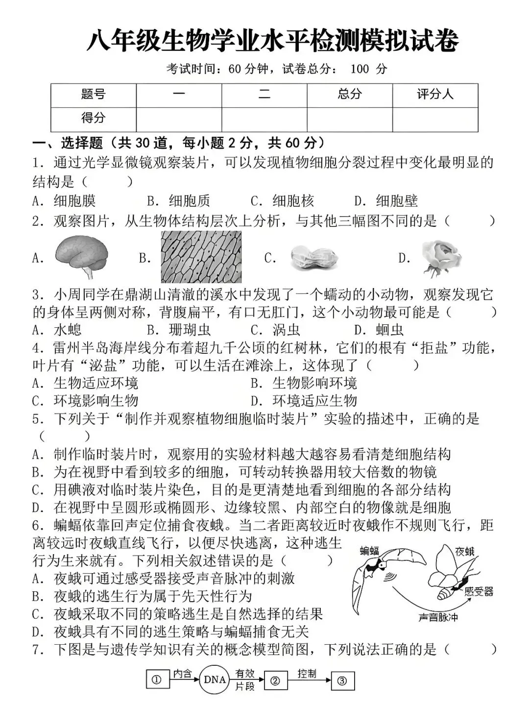 八年级下册生物:学业水平检测模拟试卷(空白版),练熟了才能少丢分! 第2张