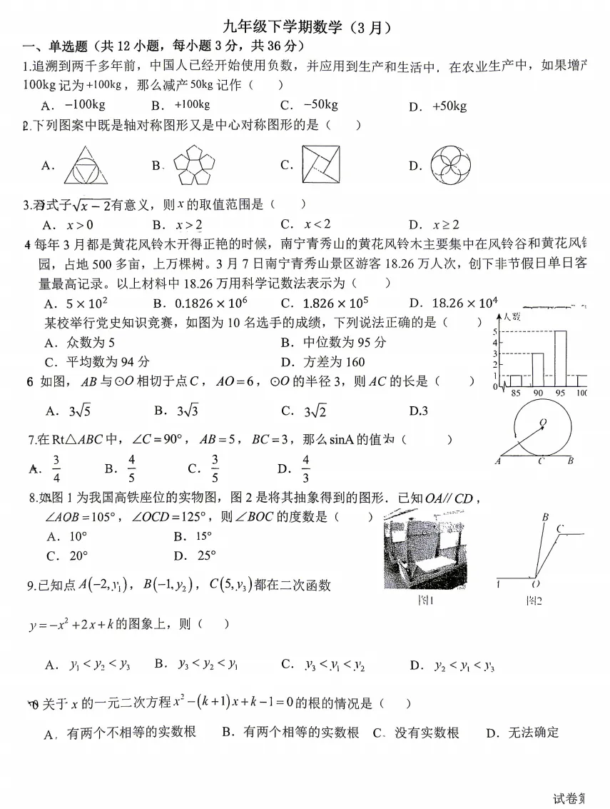 南宁北大附中2026年九年级一模数学试卷 第1张