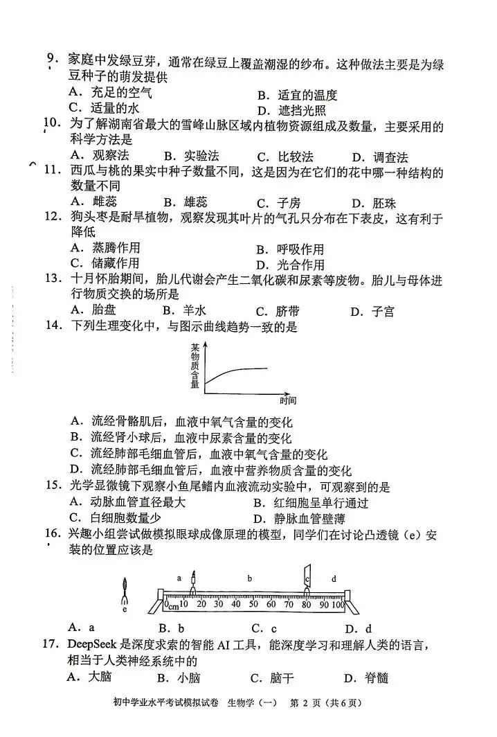 复习练手 ︳2026年湖南省初中学业水平考试模拟试卷生物学 (一) 第2张