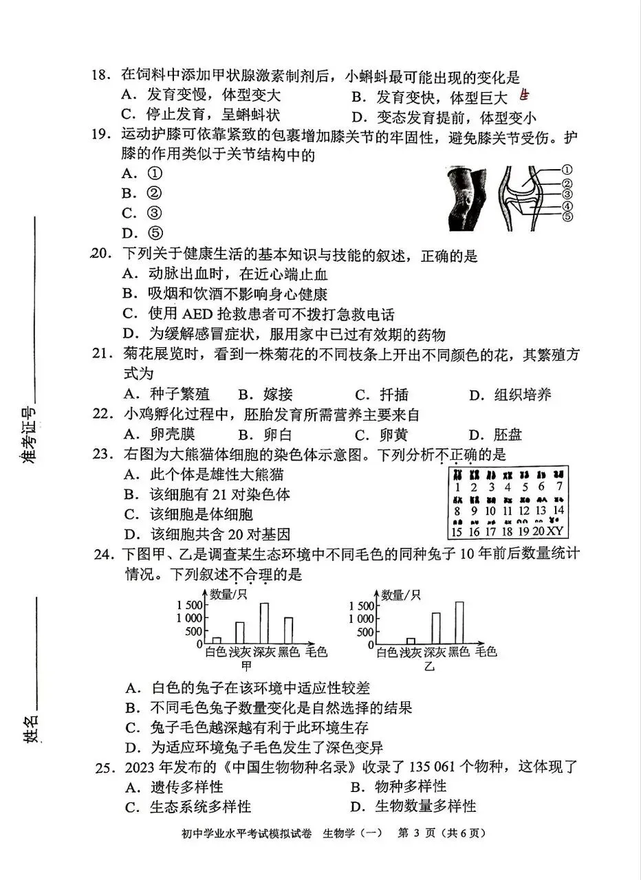 复习练手 ︳2026年湖南省初中学业水平考试模拟试卷生物学 (一) 第3张
