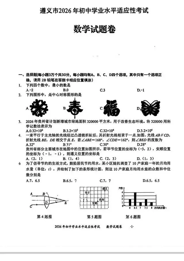 「九年级数学模拟遵义市2026年初中学业水平适应性考试.(文末有下载链接自行下载转存) 第1张