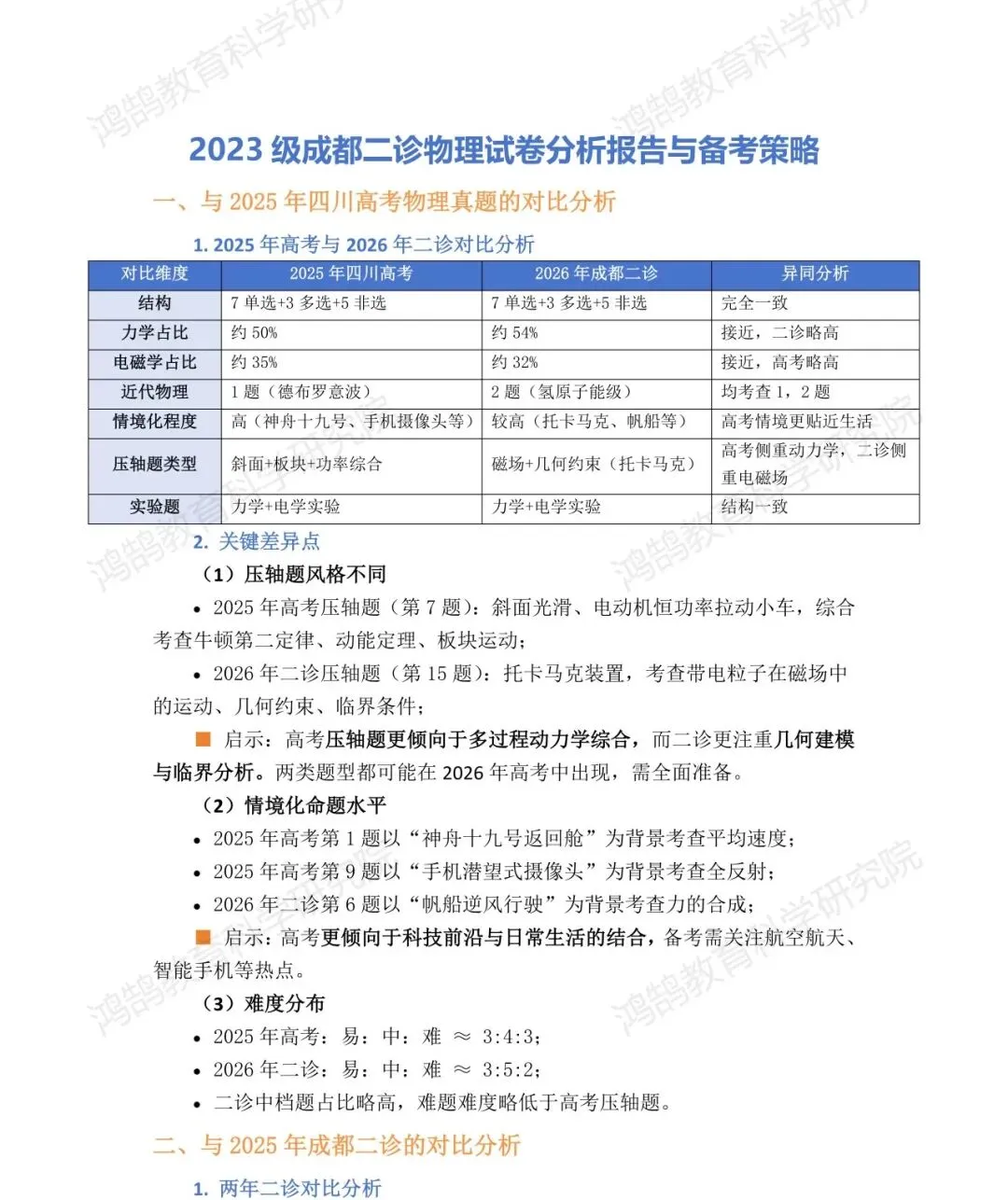 2023 级成都二诊物理试卷分析报告与备考策略 第1张