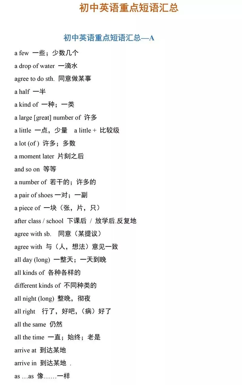 中考英语 | 初中英语所有重点短语汇总,初一初二初三都能用! 第2张