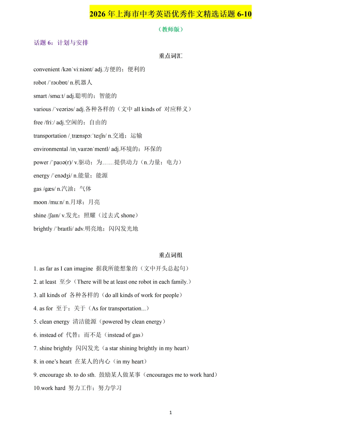 【中考英语】2026 年上海市中考英语优秀作文精选话题 6-10 第1张