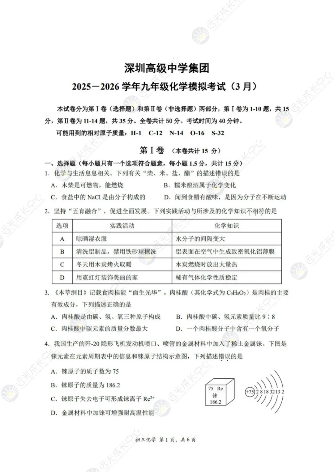 【2025-2026.化学】深高级一模真题解析 第1张