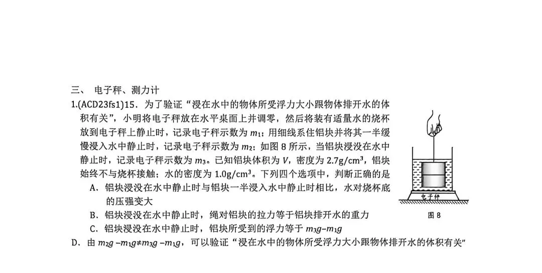 【中考物理】压强浮力综合选择题之电子秤模型 第1张