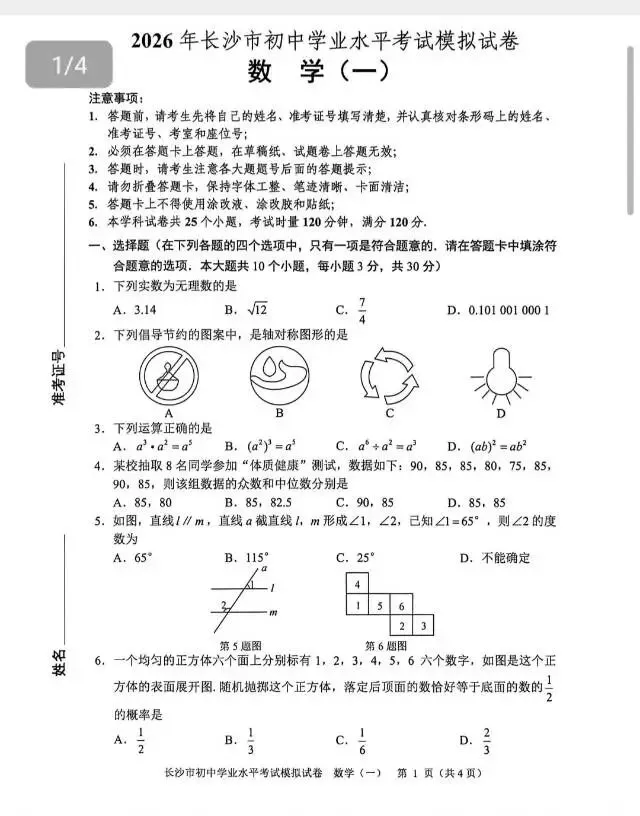 2026年长沙市中考模拟卷/2026年春季九年级毕业会考模拟卷(部分科目) 第4张