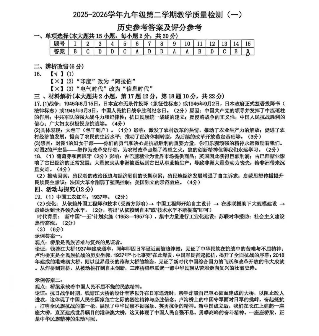 2026年合肥市包河区一模历史试卷及答案 第2张