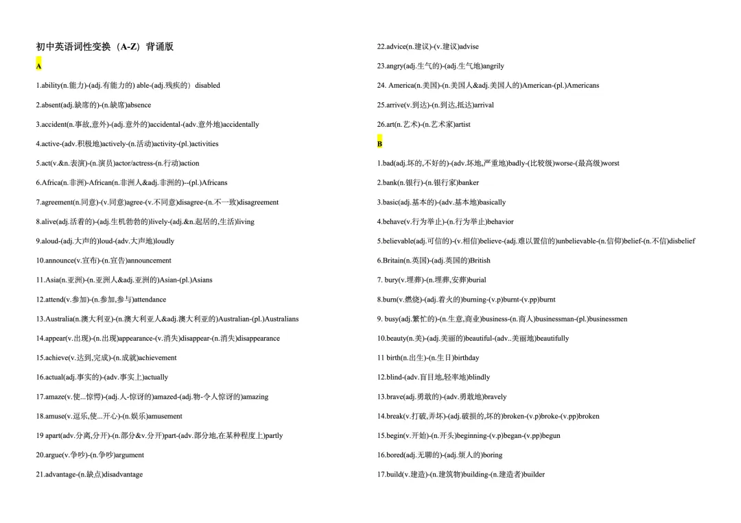 中考英语词性变换(背诵版) 第1张