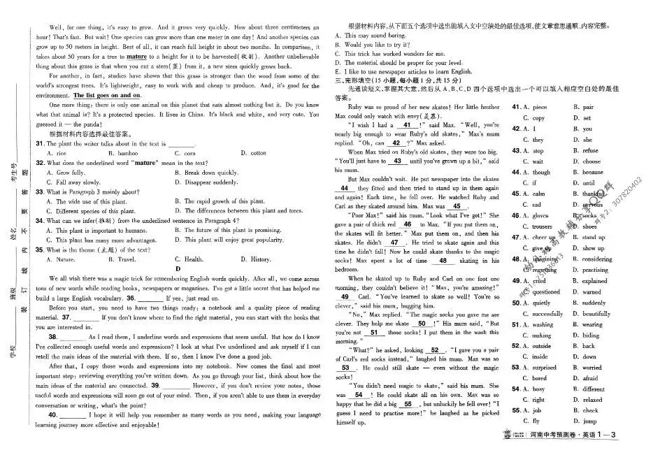 2025中考英语测评卷|可下载打印 第5张