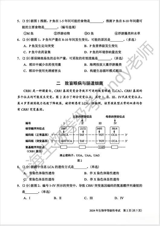 2024年上海市高中生物等级考真题及答案 第2张