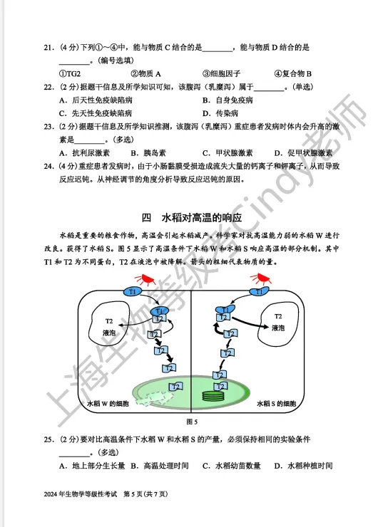 2024年上海市高中生物等级考真题及答案 第5张
