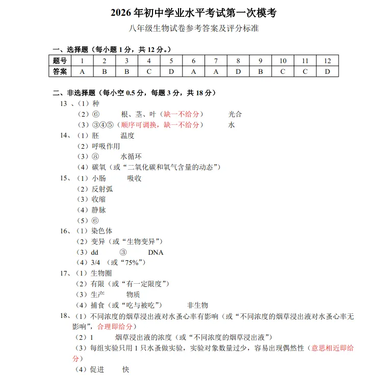 2026年3月辽阳灯塔八年地、生一模试卷+答案 第14张