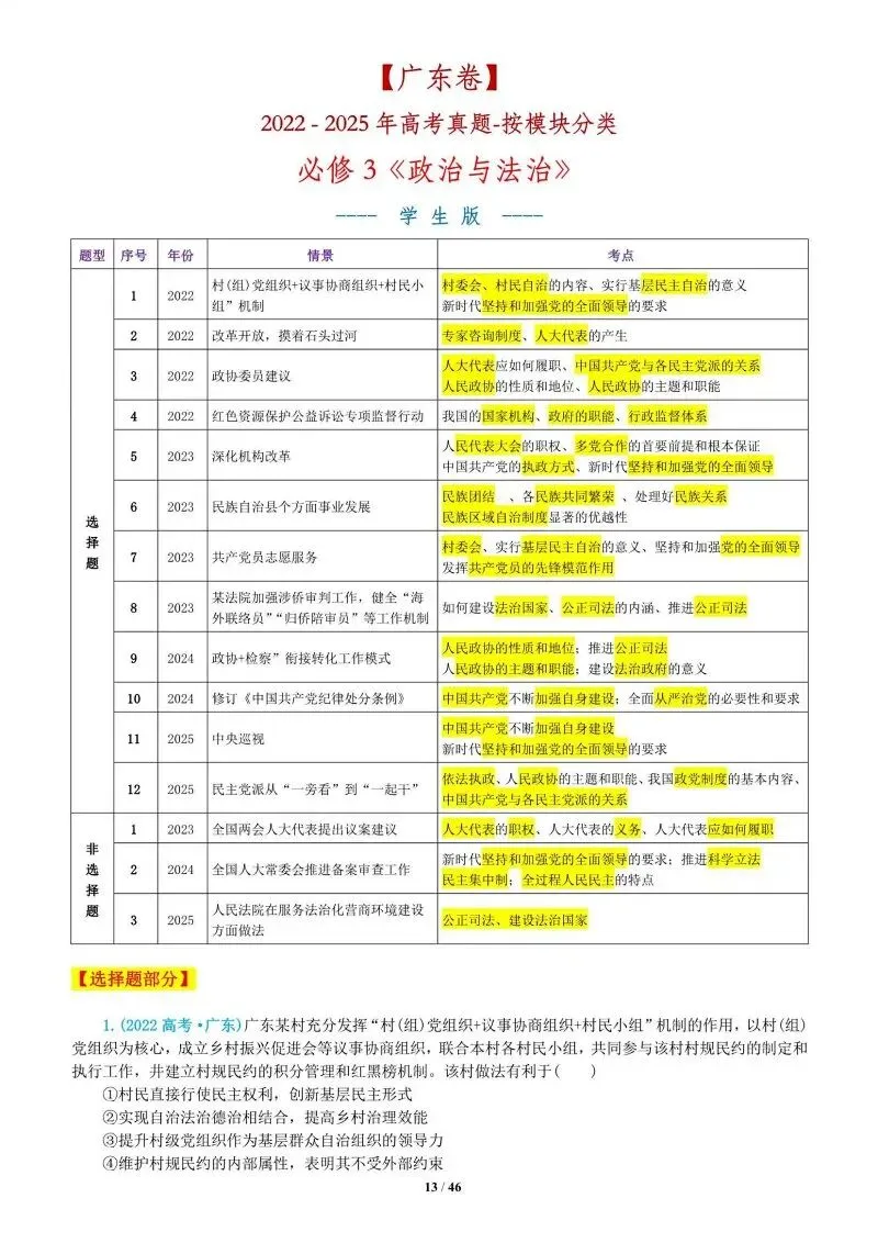 真题汇编 | 2022-2025年高考政治·广东卷真题·按模块分类(PPT+word版可下载) 第37张