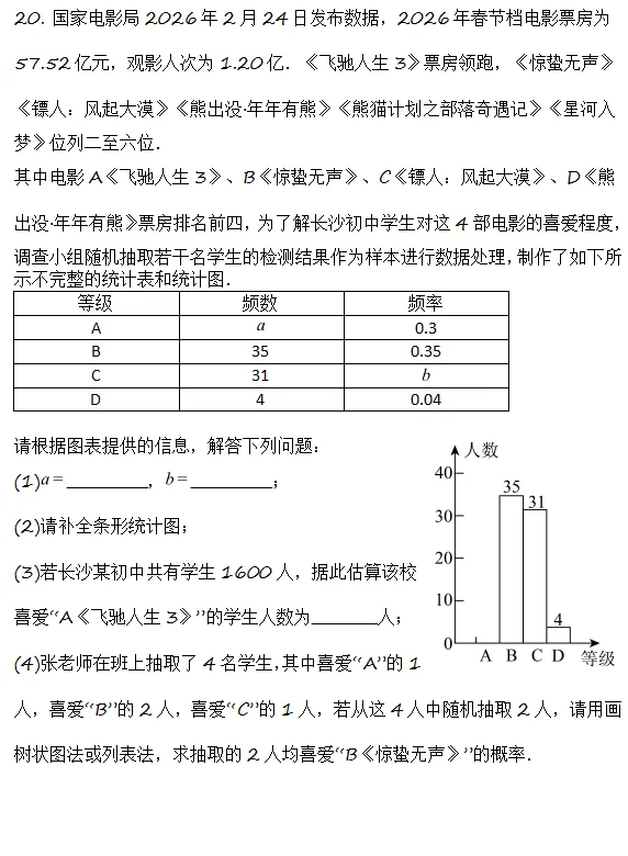 中考模拟||2026湖南长沙市雅礼教育集团中考一模数学试卷,含难题解析 第6张