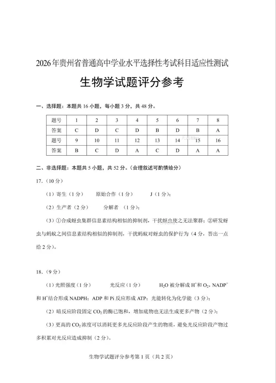 试卷速递|2026年贵州省普通高中学业水平选择性考试科目适应性测试生物学试卷及答案 第9张