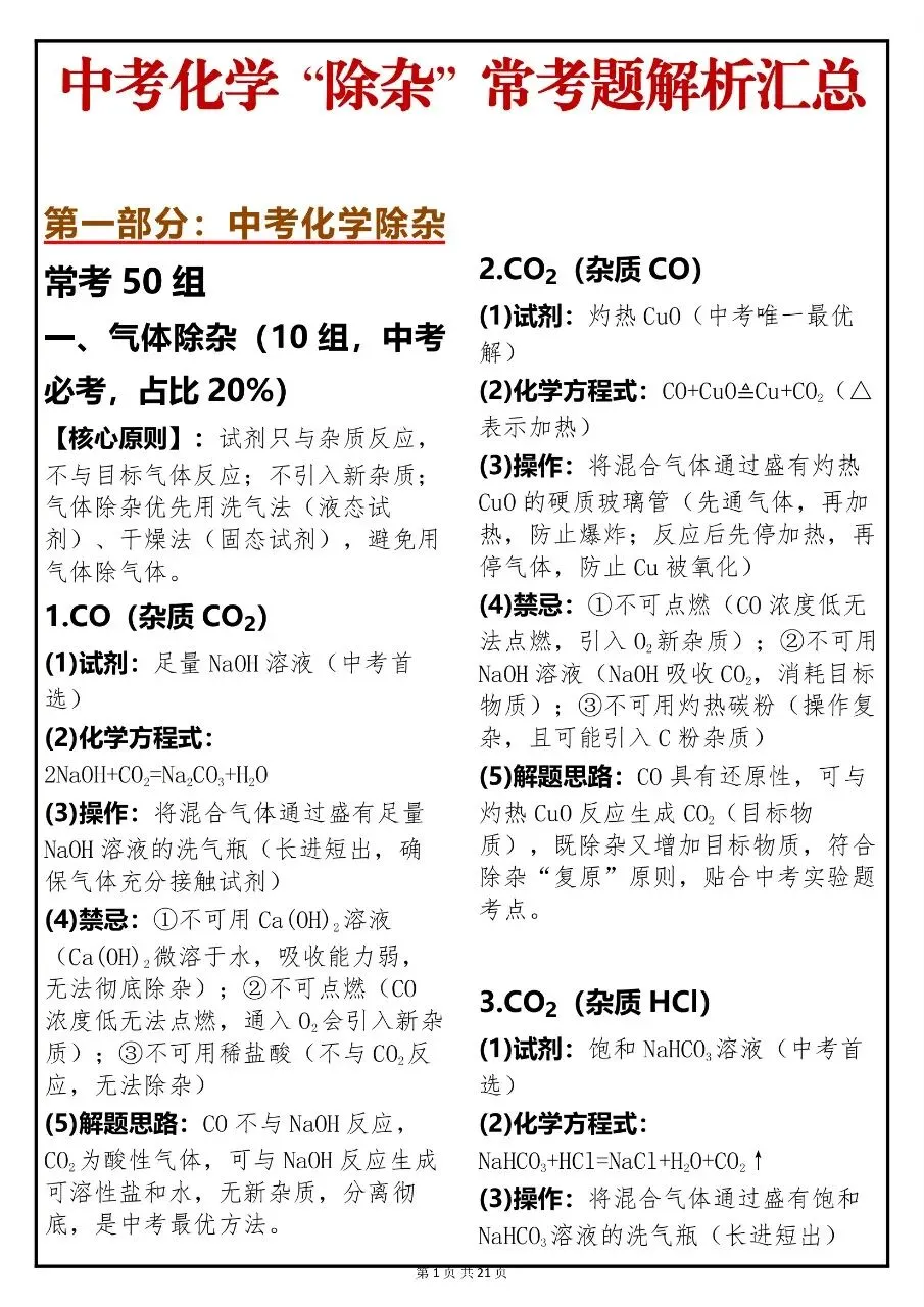 中考化学关于“除杂”必考点的常考题解析汇总,很全! 第1张