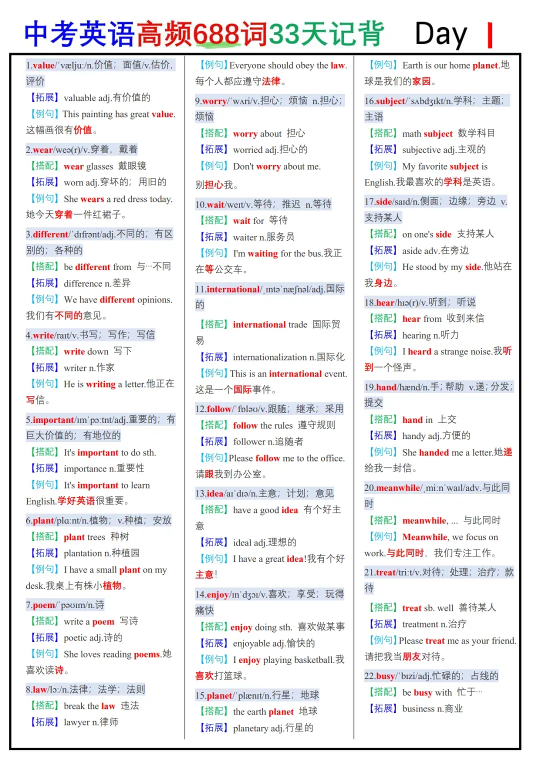 中考英语必背688个高频词33天背诵表+默写表,可免费下载 第2张