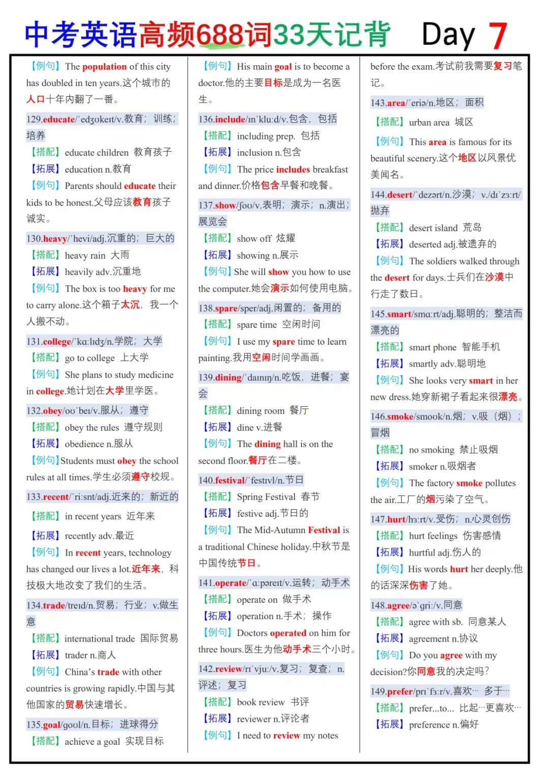 中考英语必背688个高频词33天背诵表+默写表,可免费下载 第8张