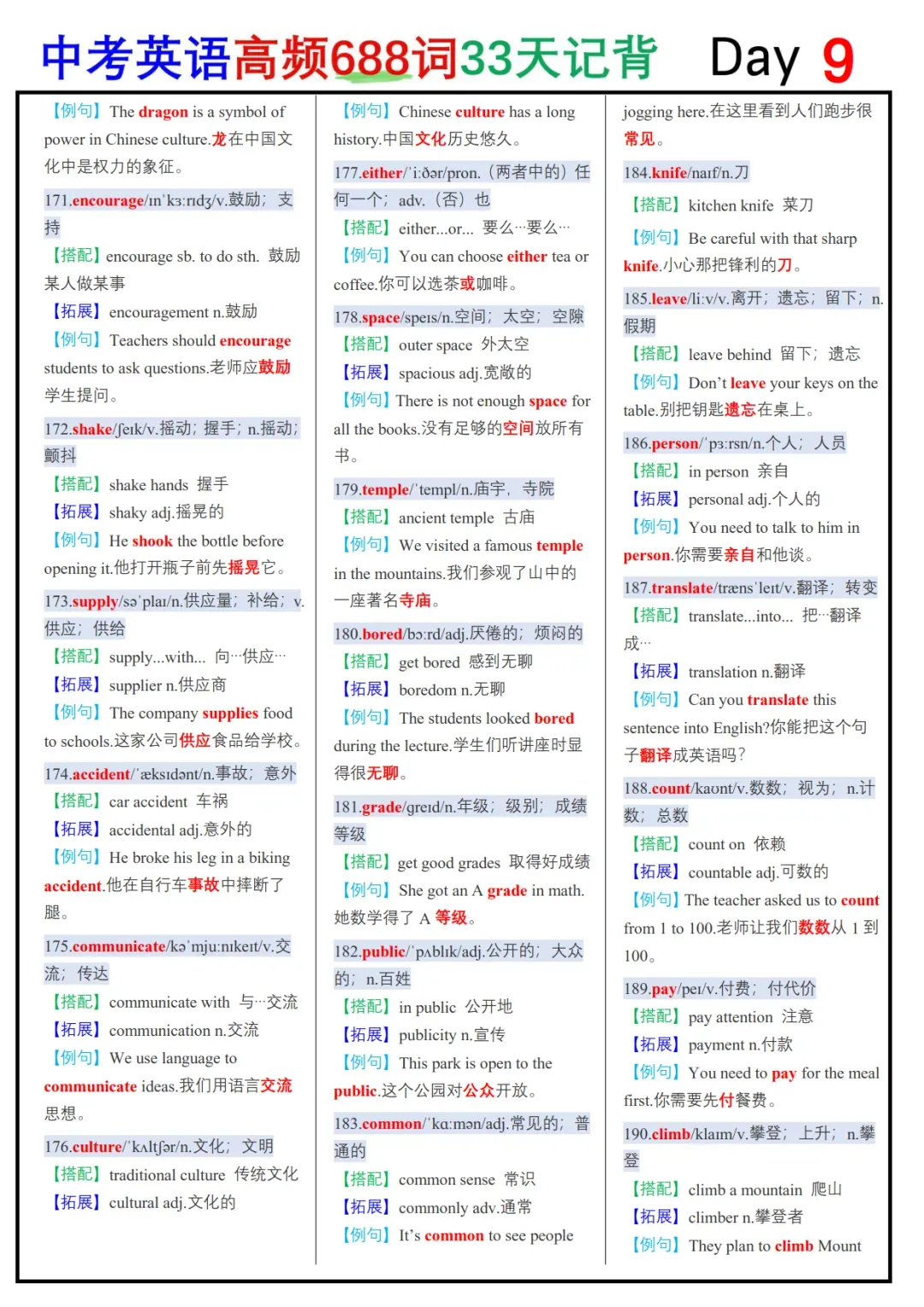 中考英语必背688个高频词33天背诵表+默写表,可免费下载 第10张