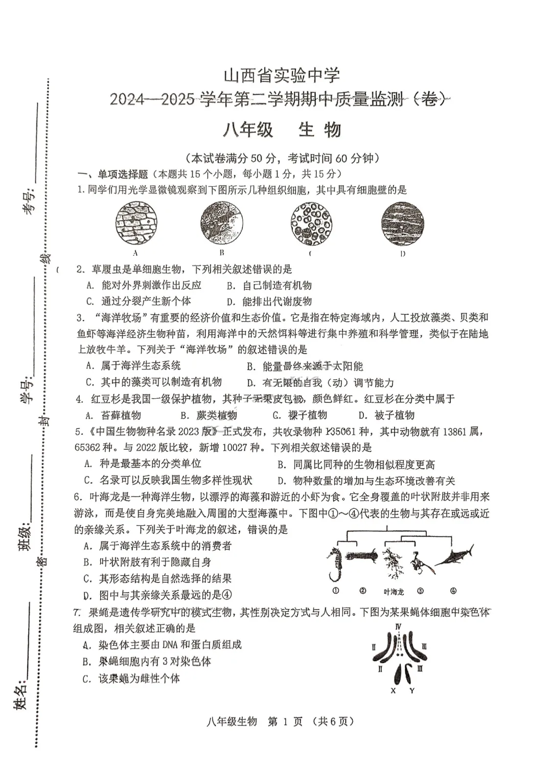 省实验八年级24-25第二学期期中试卷及答案 第8张