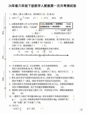 小学数学《第一次月考试卷》1-6年级下册(PDF电子版,可下载打印)一二三四五六年级全套 第3张