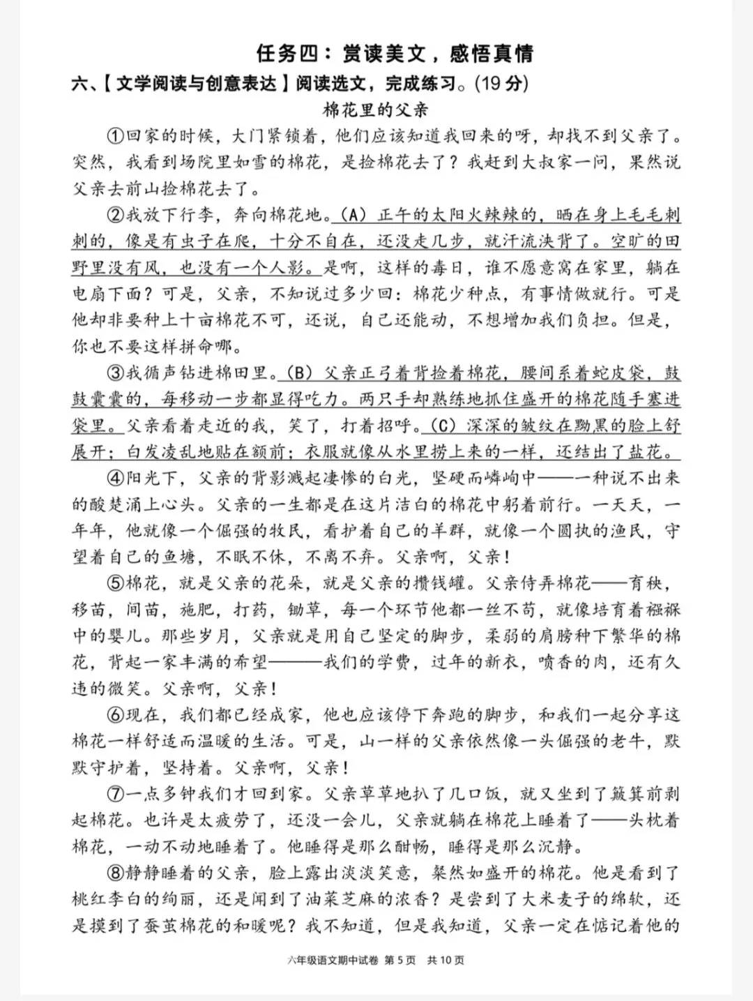 六下语文期中情境素养评估试卷(一)(六下6082) 第7张