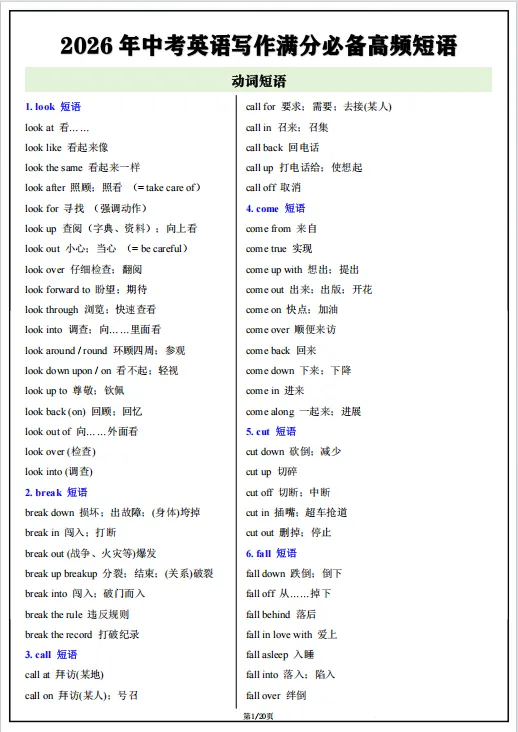 冲刺中考——2026年中考英语《写作满分必备高频短语(背诵版 +默写版)) 》,共20页,电子版可下载可打印 第8张
