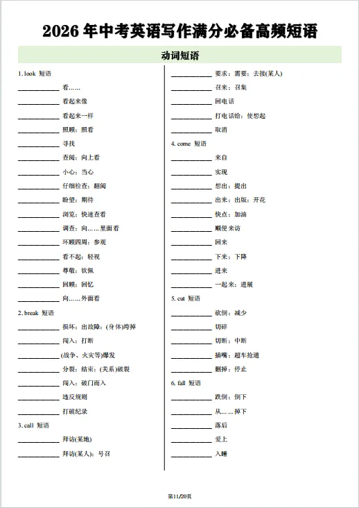 冲刺中考——2026年中考英语《写作满分必备高频短语(背诵版 +默写版)) 》,共20页,电子版可下载可打印 第16张