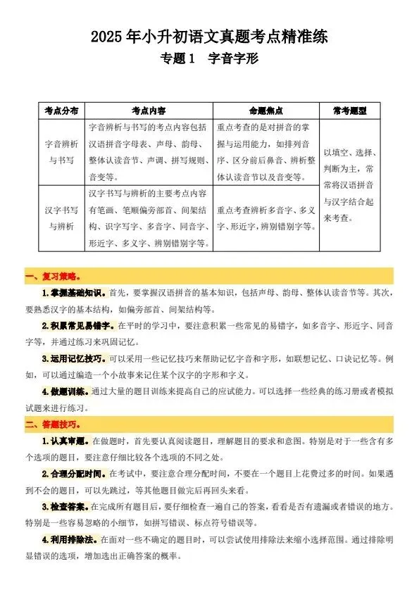 小升初语文备考真题分类汇编专题·字音字形(含答案)完整电子版可打印 第2张