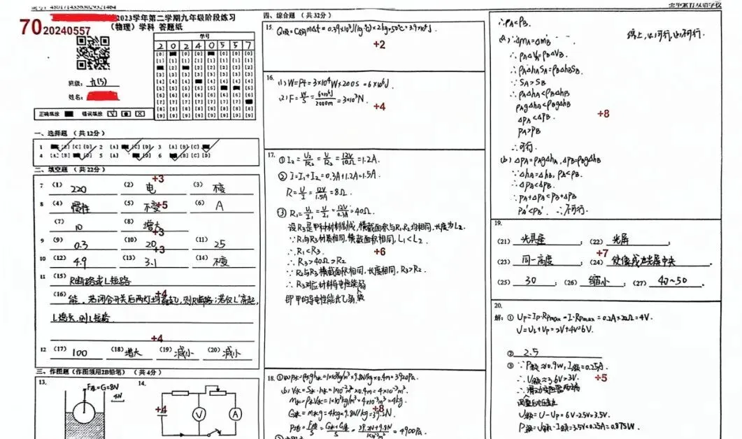 中考物理模考满分卷「答题卡」赏析(转给孩子) 第4张