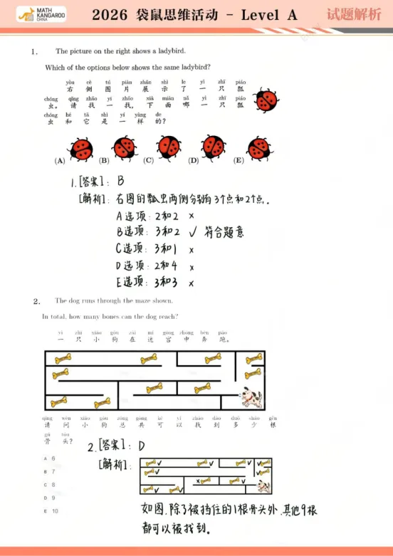 2026年袋鼠数学A-F级真题答案解析,中小学的家长快自行领取! 第1张