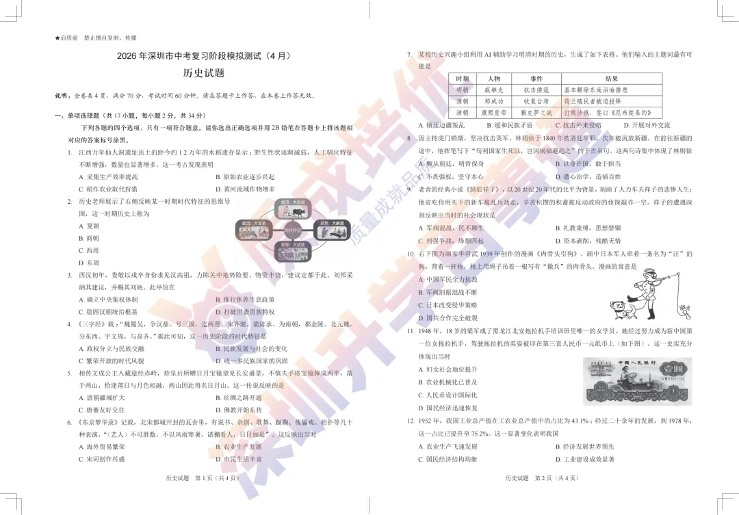 2026龙岗48校联考初三一模历史真题+解析 第1张
