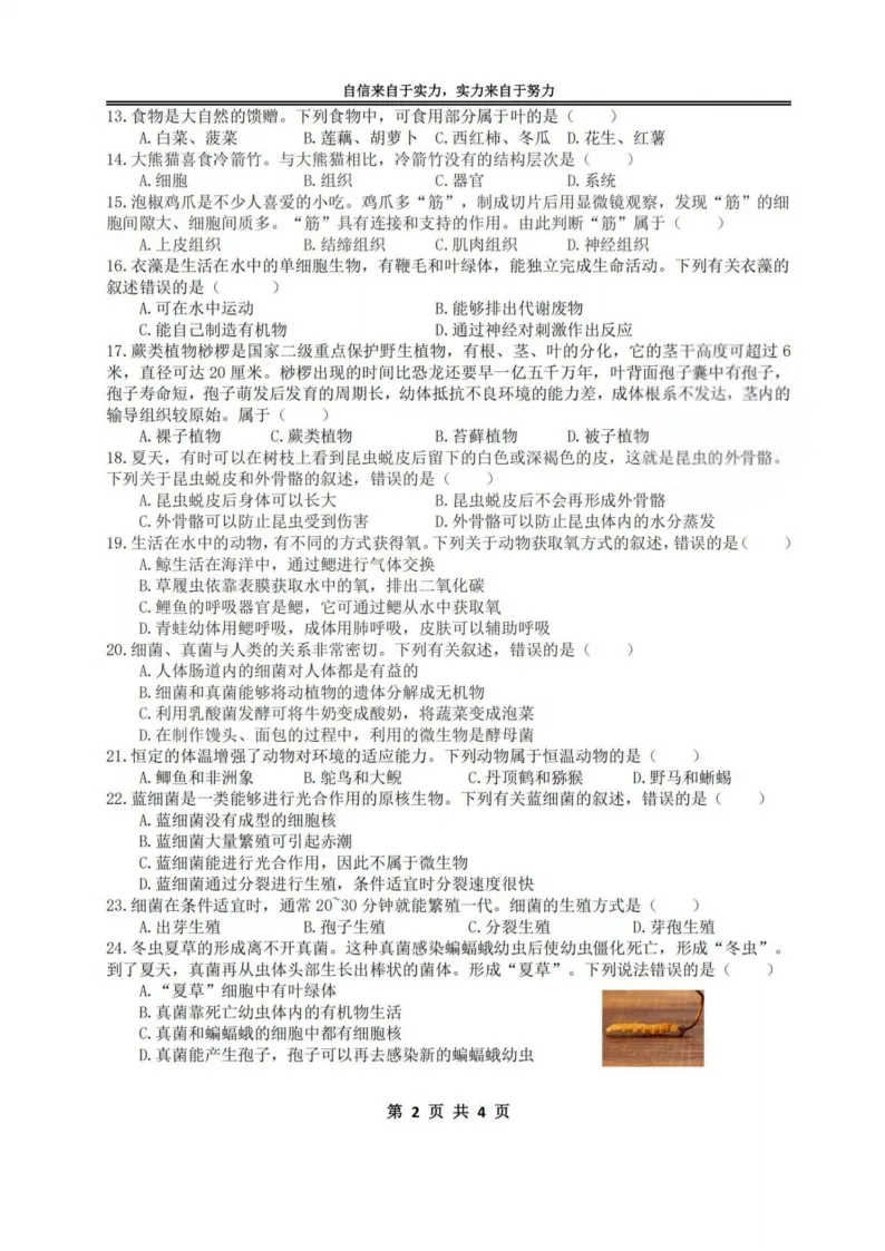 2026萧红中学八下生物3月月考试卷及答案 第2张