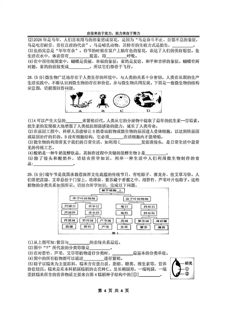 2026萧红中学八下生物3月月考试卷及答案 第4张