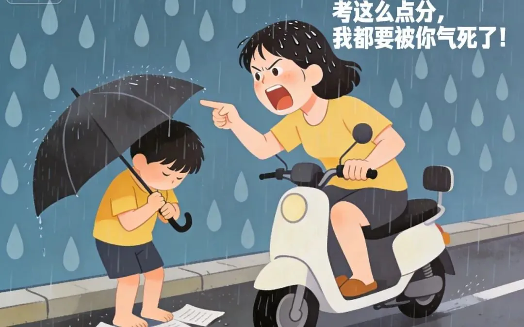 雨中妈妈训斥孩子,90分试卷引发的争议,揭示家庭教育的残酷真相 第2张