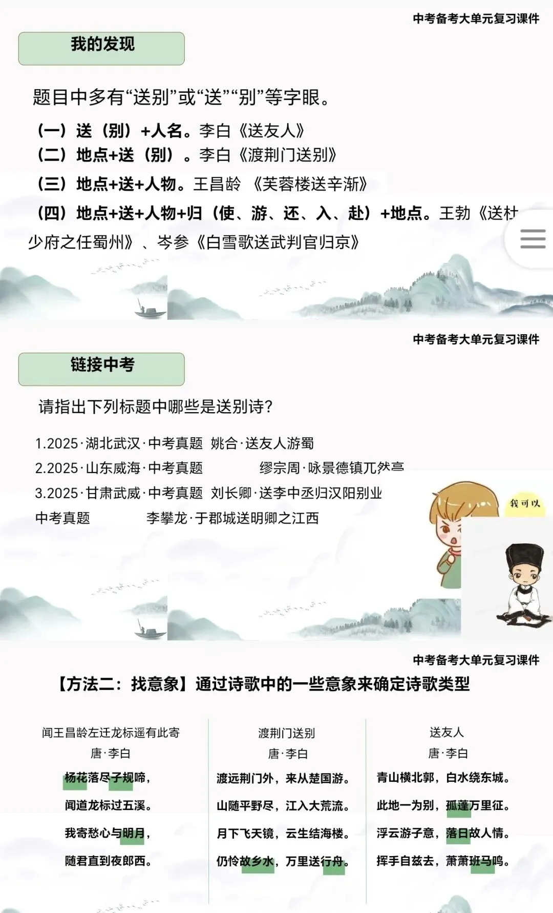 中考送别诗大单元复习课件,《闻王昌龄左迁龙标遥有此寄》《渡荆门送别》《送友人》《 送杜少府之任蜀州》《白雪歌送武判官归京》 第3张