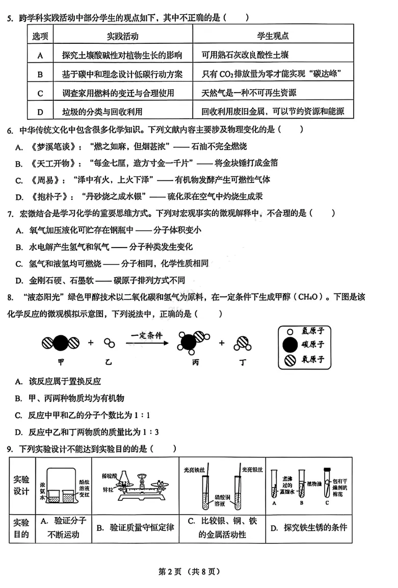 2026历下区中考化学一模模拟试卷(答案) 第2张